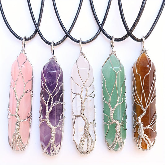 1pc 50mm Crystal Tree Of Life Metal Wire Wrapped Artificial Stone Pendant Necklace - Hexagonal Spiritual Crystal Tree Of Life Necklaces For Women & Men