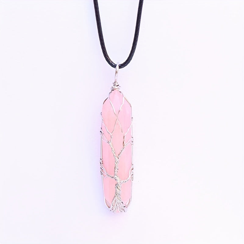 1pc 50mm Crystal Tree Of Life Metal Wire Wrapped Artificial Stone Pendant Necklace - Hexagonal Spiritual Crystal Tree Of Life Necklaces For Women & Men