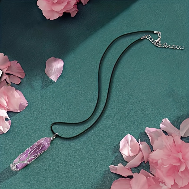 1pc 50mm Crystal Tree Of Life Metal Wire Wrapped Artificial Stone Pendant Necklace - Hexagonal Spiritual Crystal Tree Of Life Necklaces For Women & Men