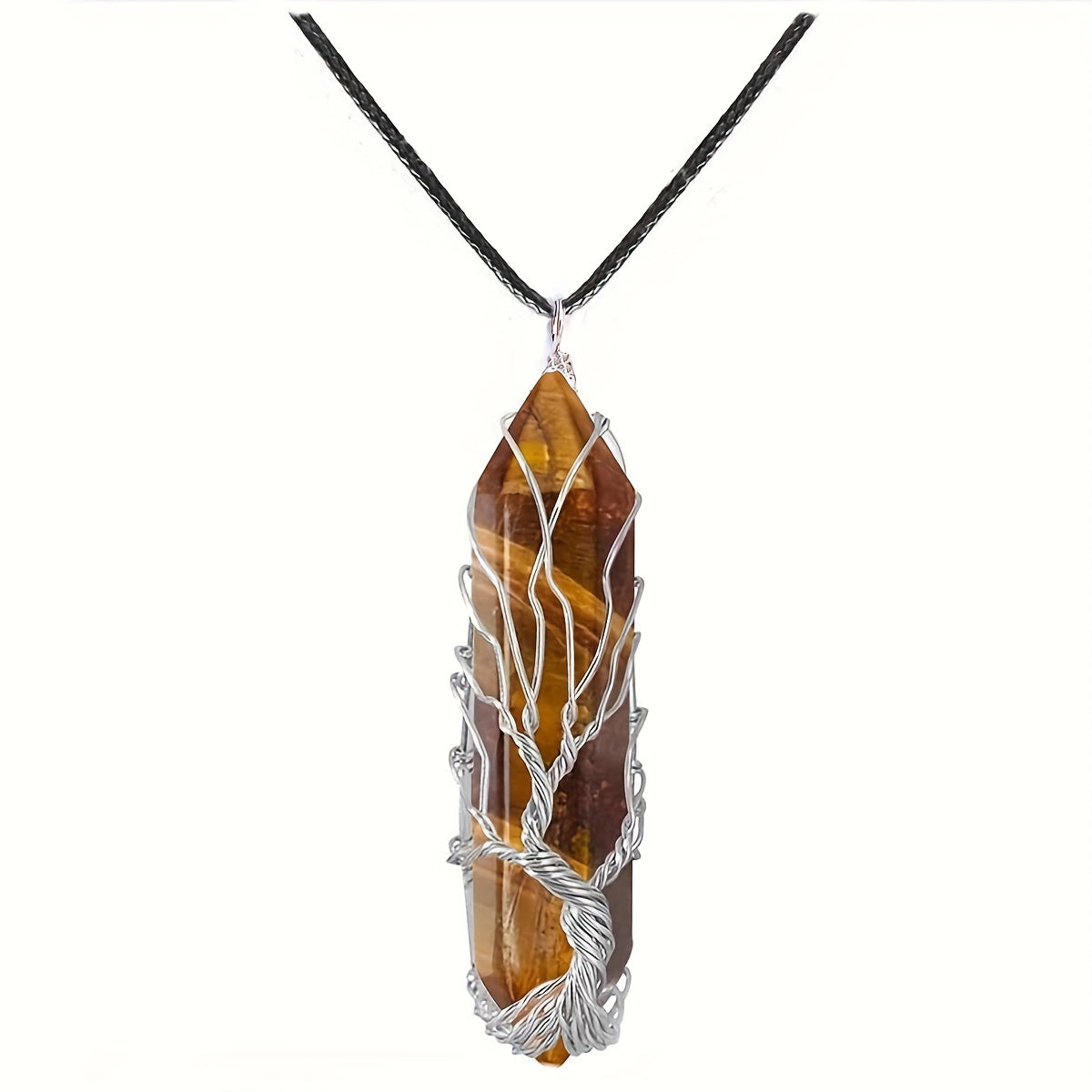 1pc 50mm Crystal Tree Of Life Metal Wire Wrapped Artificial Stone Pendant Necklace - Hexagonal Spiritual Crystal Tree Of Life Necklaces For Women & Men