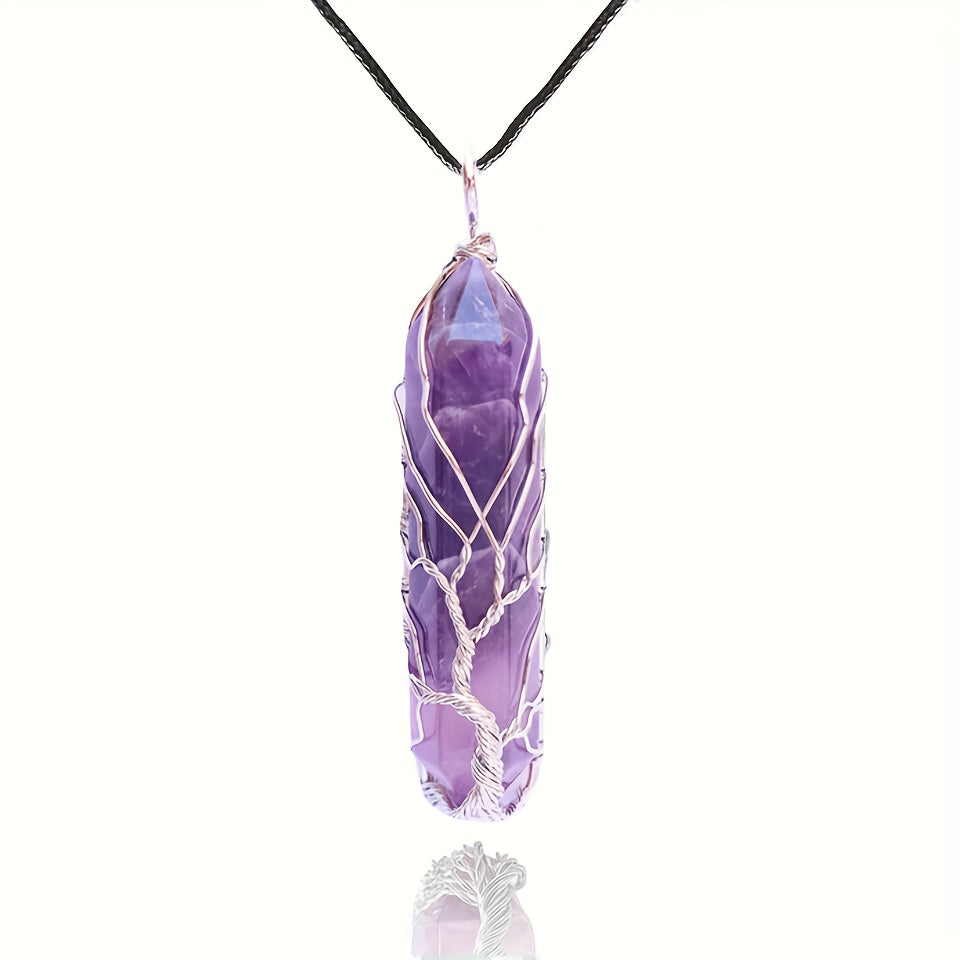 1pc 50mm Crystal Tree Of Life Metal Wire Wrapped Artificial Stone Pendant Necklace - Hexagonal Spiritual Crystal Tree Of Life Necklaces For Women & Men